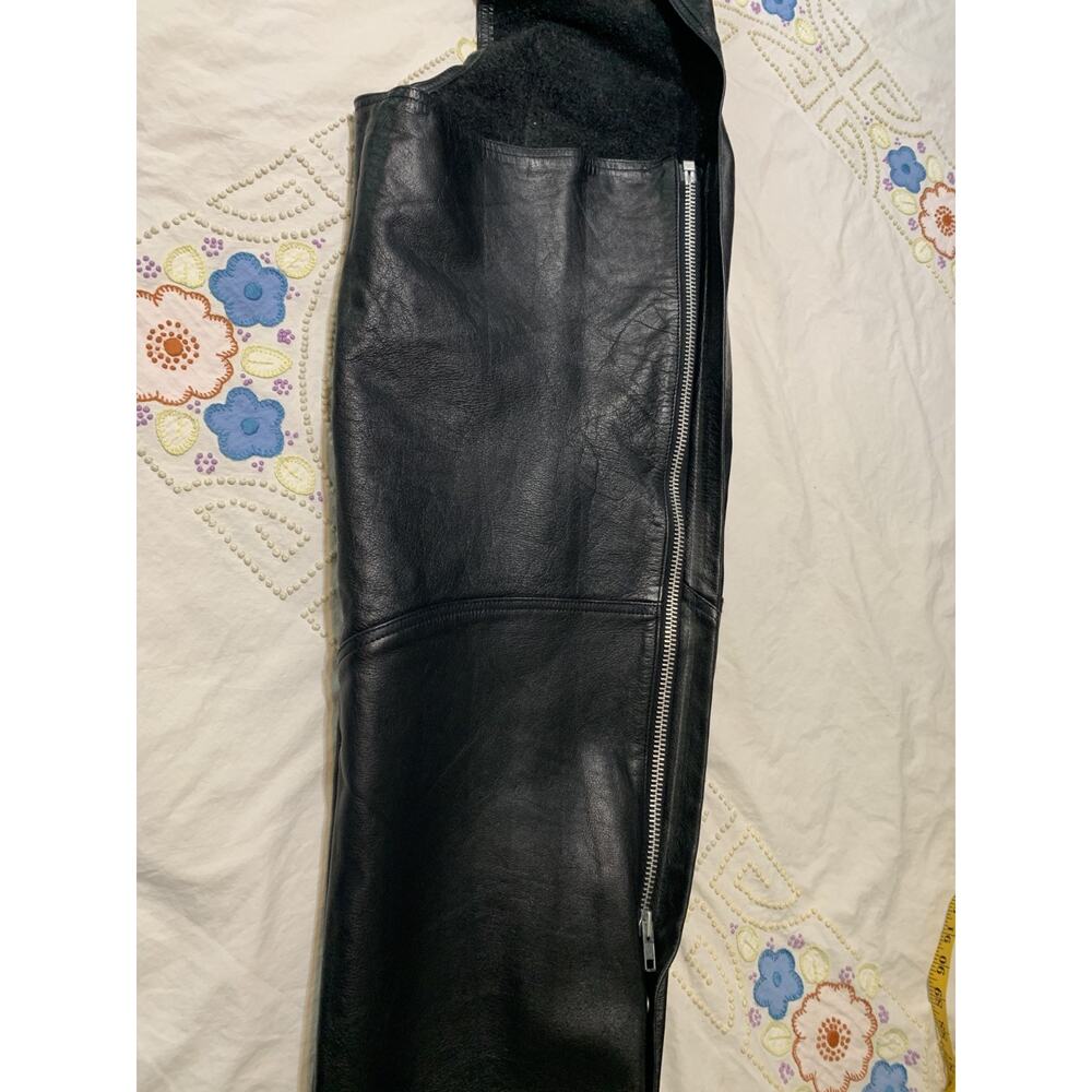 Moto Chaps Black Leather Men's XL Pocket Zip legs snaps adjustable waist - Picture 4 of 8